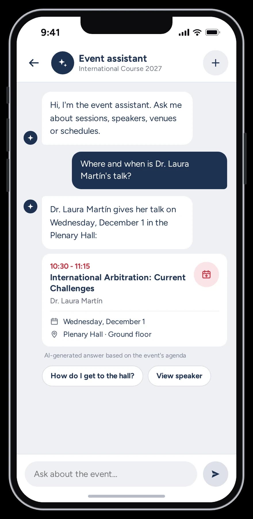 Unterhaltung mit dem KI-Assistenten der App, der beantwortet, wo und wann ein Vortrag stattfindet