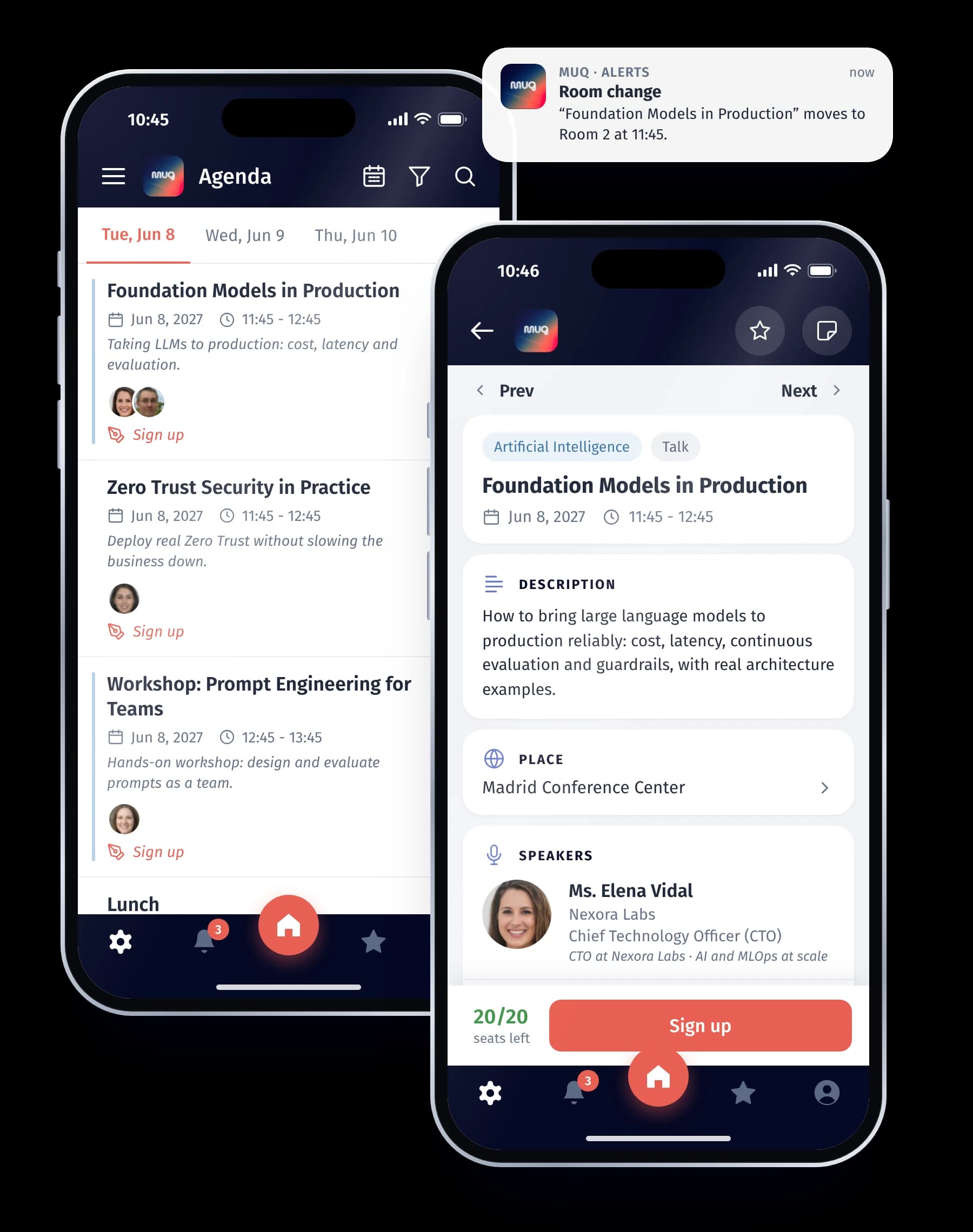 Event-Agenda, Ausstellerprofil und Push-Benachrichtigung über einen Raumwechsel in der App