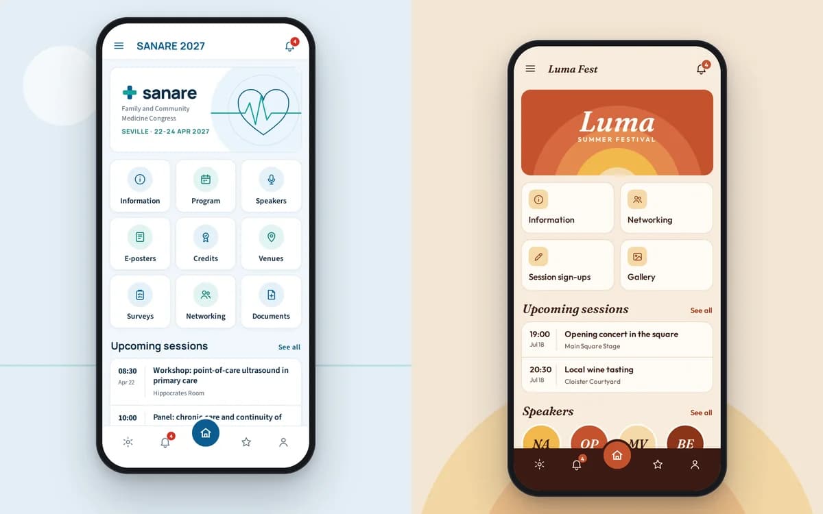 Zwei Versionen derselben Event-App, individuell gestaltet mit unterschiedlichen Farben, Schriften und Logos