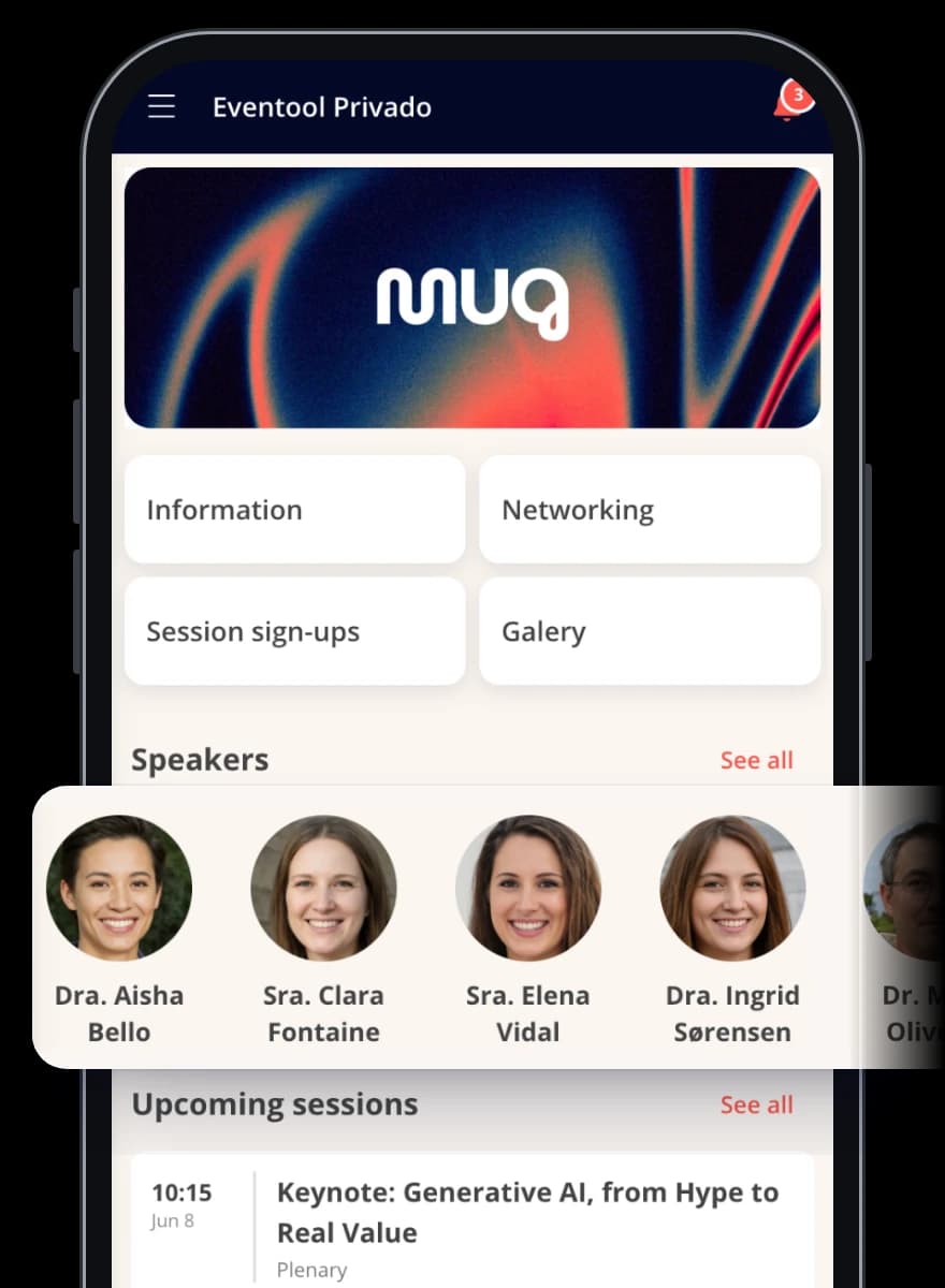 Startbildschirm der App mit Direktzugriffen und einem Karussell der Referierenden