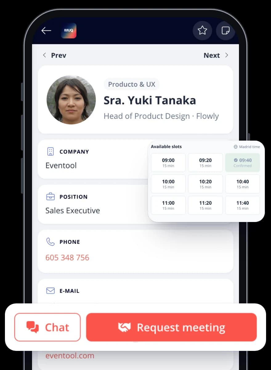 Teilnehmendenprofil in der App mit Zugang zu Chat und Meeting-Anfragen