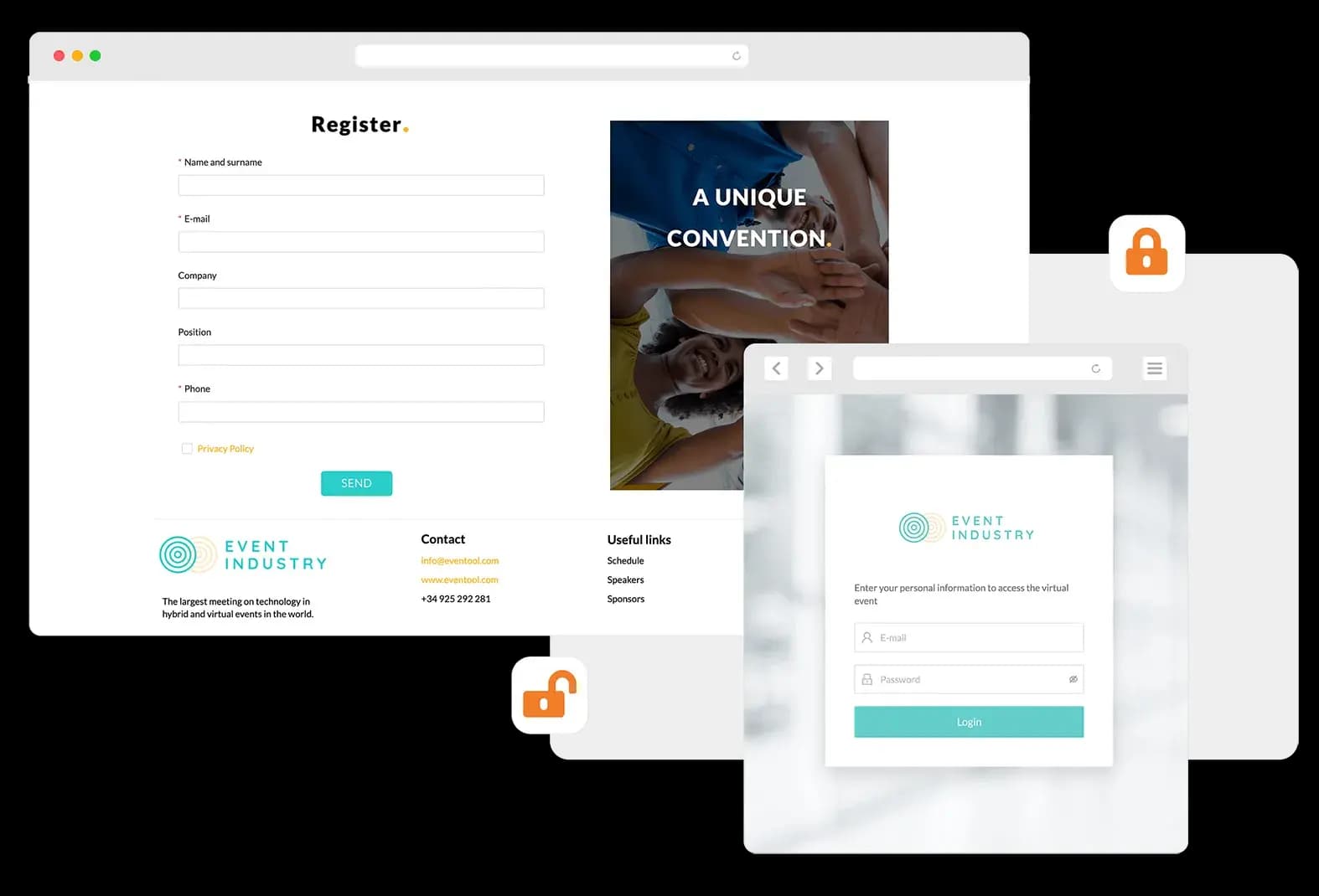 Include un modulo di registrazione e/o login perché i partecipanti possano identificarsi nell'evento virtuale. Protegge le sezioni.