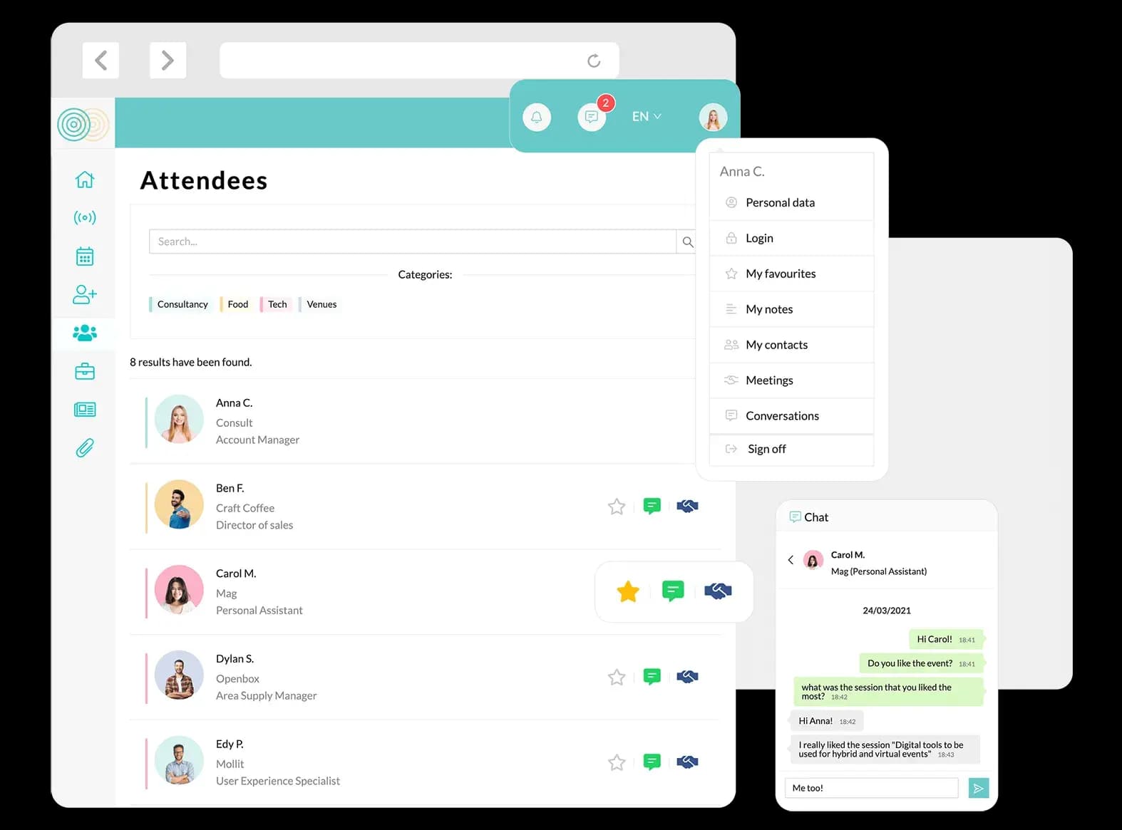 I partecipanti avranno opzioni di networking: modificare il proprio profilo, visitare quello di un altro partecipante, chattare, richiedere incontri, pubblicare commenti sulle bacheche o navigare nei social.