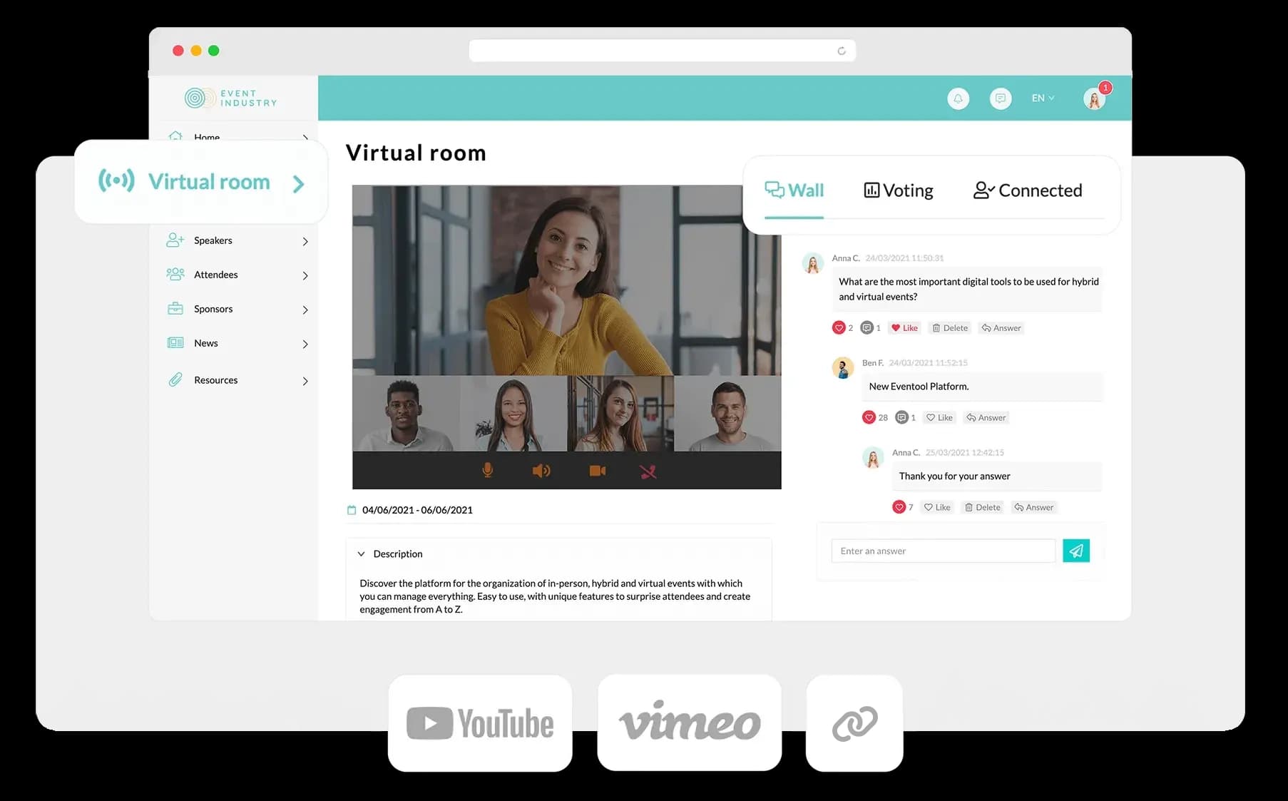 Porta la piattaforma di streaming che preferisci per trasmettere in diretta. Crea una, due, tre o tutte le sale virtuali che ti servono.