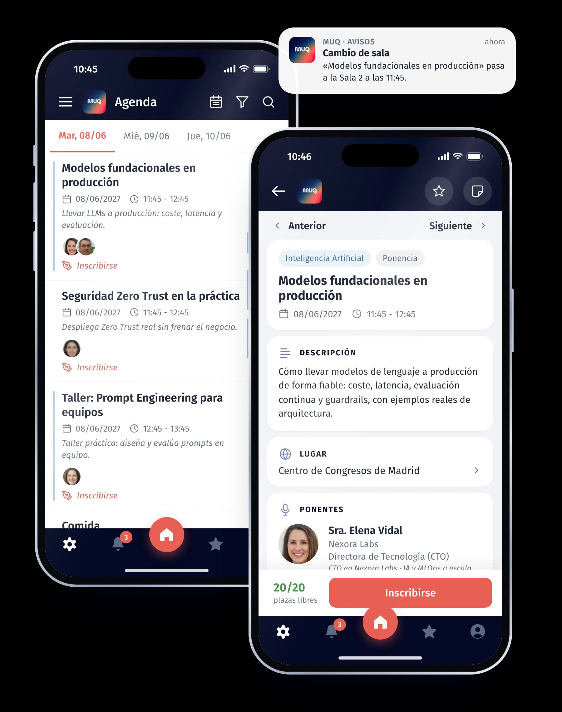 Agenda del evento, ficha de un expositor y notificación push de cambio de sala en la app