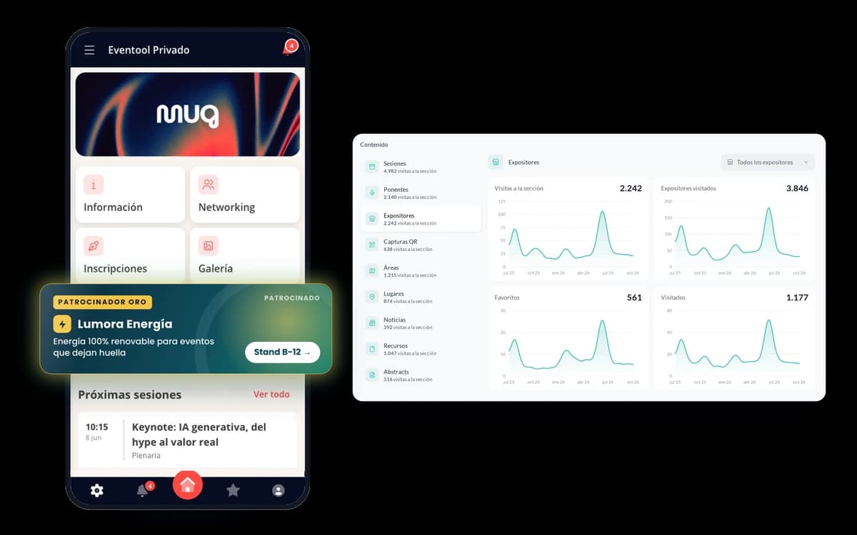 Banner de patrocinador en la app, ficha de expositor y métricas de resultados en el panel