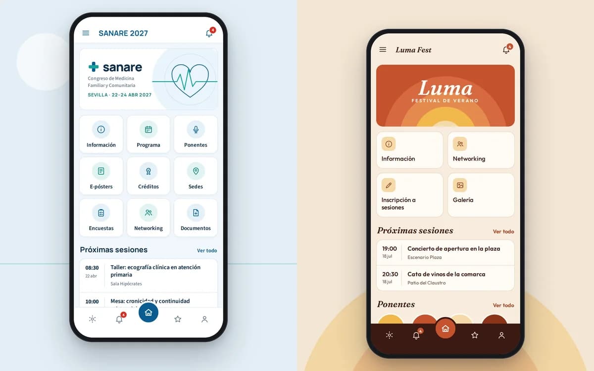 Dos versiones de la misma app para eventos personalizadas con colores, tipografías y logos diferentes