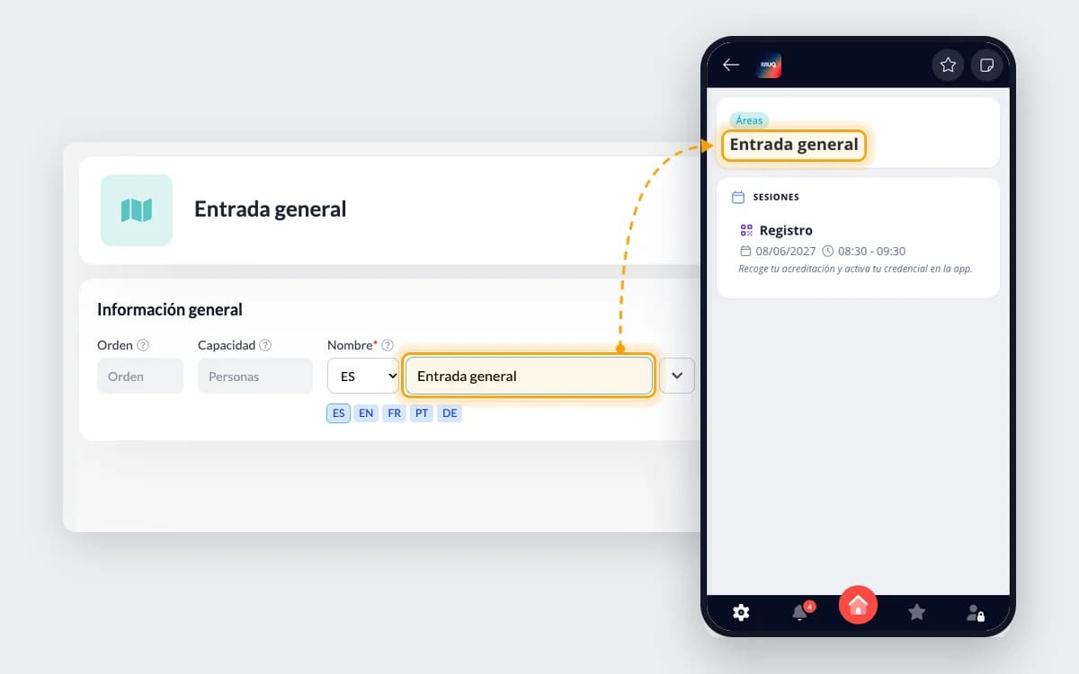 Edición de una sesión en el panel y el mismo cambio reflejado en la app del evento